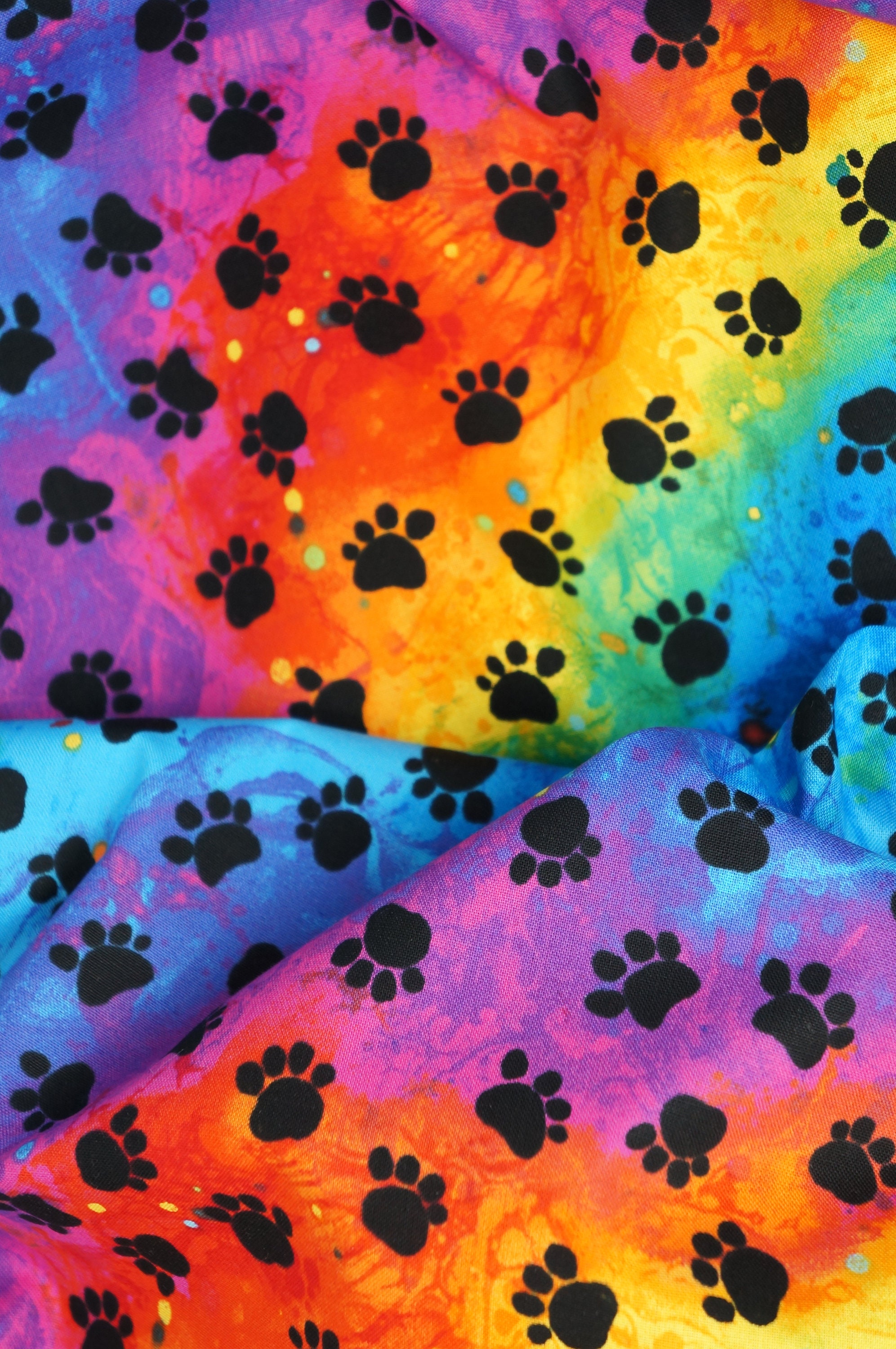 BTY White Green Orange Blue Red Paws Paw Black Cotton Fabric By The Yard  C6206