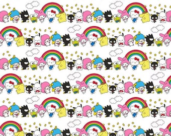 Hello Kitty Fabric, Hello Kitty Rainbow Friends on White Sanrio Licensed by Springs Creative Novelty Cotton Fabric