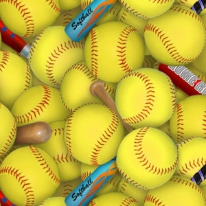 Softball Fabric, Softballs and Bats by Elizabeth's Studios Fabric Cotton Quilting Fabric