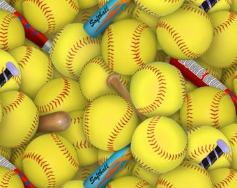 Softball Fabric, Softballs and Bats by Elizabeth's Studios Fabric Cotton Quilting Fabric