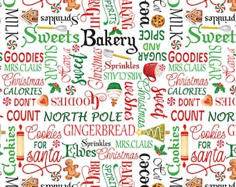 Christmas Baking Words Fabric, Sugar and Spice Words on White by Nicole DeCamp by Benartex Kanvas Studio Quilting Cotton Fabric 14570-09B