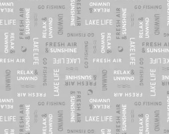 Lake Life Fabric, Word Toss on Gray Lake Retreat Collection by PDR for Wilmington Prints Fabrics Quilting Cotton Fabric  59036-919