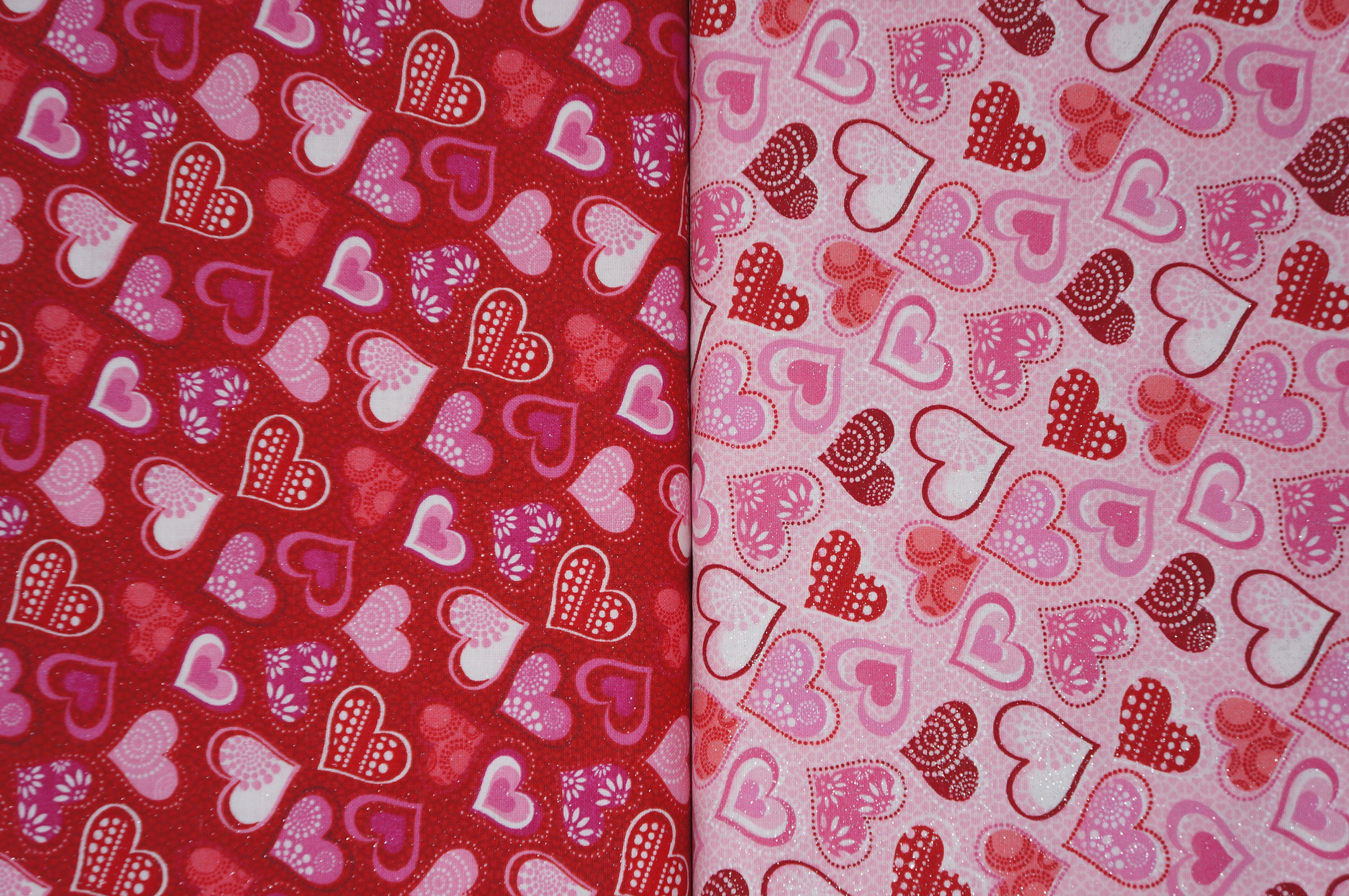 Patterned Hearts on Pink and Red Glitter Valentine's Day Novelty Cotton  Fabric
