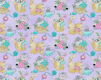 Easter Cat Fabric, Easter Cats on Purple by Patty Reed Fabric Tradition Novelty Cotton Fabric 18603-LV