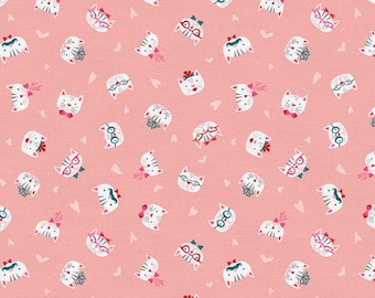 Love Cats Faces on Pink, Valentines Fabric by Zirkus Design Studio from Paintbrush Studios Quilting Cotton, Valentine's Day Cat Fabric