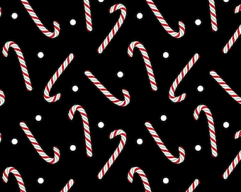Candy Cane Fabric, Jolly Candy Canes on Black Country Christmas by Benartex Kanvas Studio Quilting Cotton Fabric, 14012-12B