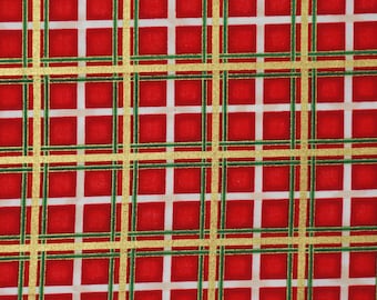 Christmas Plaid Fabric, Red Green and Metallic Gold Plaid by Timeless Treasures Quilting Cotton Fabric