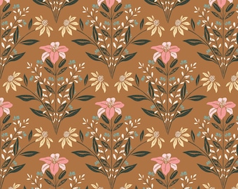 Floral Fabric, Bouquet on Mustard from the Eventide Collection by Jillian Nichols for Cloud9 Organic Quilting Cotton Fabric 227879
