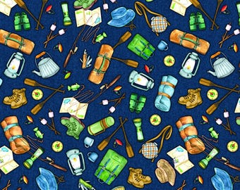 Camping Fabric, Gone Camping Motifs Navy Live, Love, Camp Benartex Kanvas Studio Quilting Cotton Fabric, Camping Gear, 14453-55B