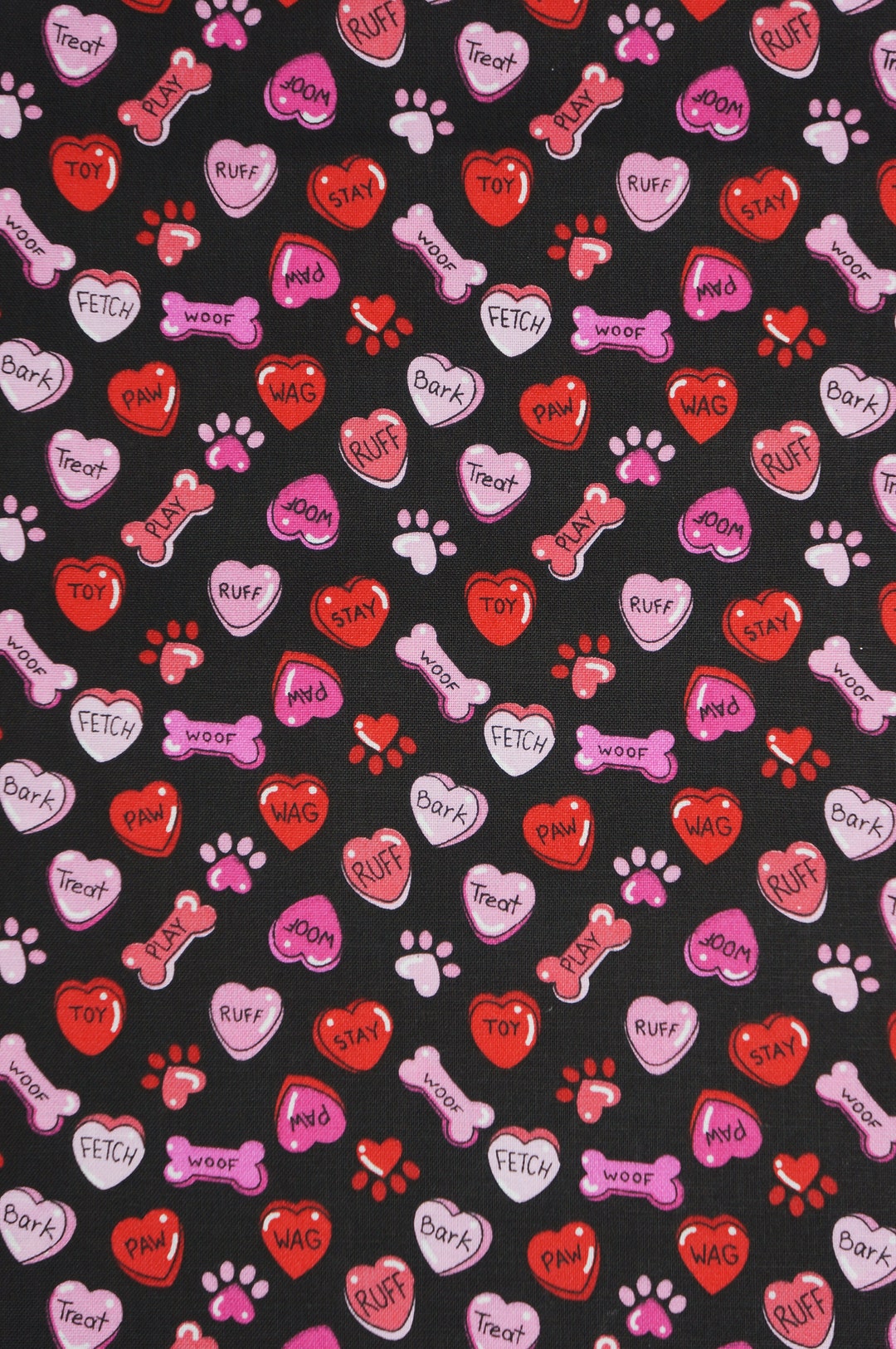 Valentine Dog Bone Fabric, Dog Bones and Candy Hearts on Black by Fabric Traditions Novelty