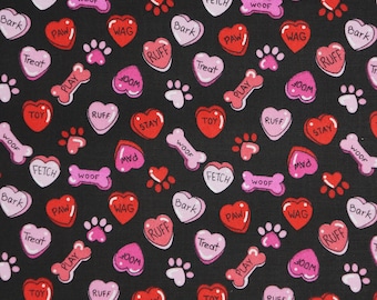 Valentine Dog Bone Fabric, Dog Bones and Candy Hearts on Black by Fabric Traditions Novelty Cotton Fabric, Dog Bandana Fabric