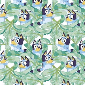 Bluey Fabric, Bandit in the Garden by Springs Creative Novelty Cotton Fabric, Bluey Garden Fabric