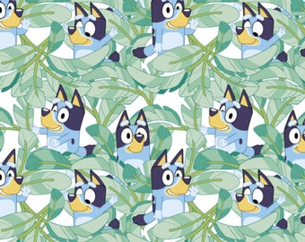 Bluey Fabric, Bandit in the Garden by Springs Creative Novelty Cotton Fabric, Bluey Garden Fabric