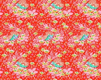 Who's Your Dandy Hedgehogs on Red Tiny Beasts by Tula Pink for Free Spirit Quilting Cotton Fabric PWTP182.GLOW