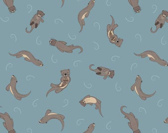 Otter Fabric, Otters on Mid Blue Small Things Lewis and Irene Quilting Cotton Fabric SM78.3
