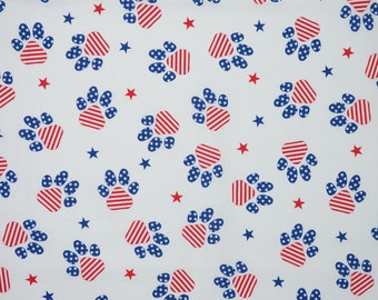 Patriotic Paw Print Fabric, Red and Blue Patriotic Paw Prints on White by Singer Patriotic Novelty Cotton Fabric, Dog and Cat Paw Prints