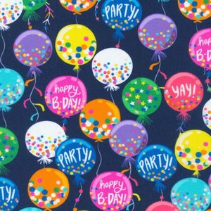 Birthday Balloons Fabric, Birthday Celebration on Navy by Robert Kaufman Quilting Cotton Fabric, Happy Birthday Fabric D#74942