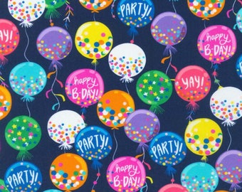 Birthday Balloons Fabric, Birthday Celebration on Navy by Robert Kaufman Quilting Cotton Fabric, Happy Birthday Fabric D#74942