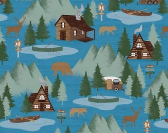 Cabin Fabric, At the Cabin on Blue Moose Creek Lodge by Benartex Quilting Cotton Fabric, Camping Grear Fabric, 12924B-50