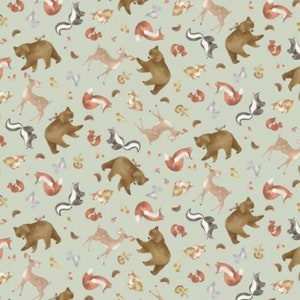 Woodland Animal Fabric, Woodland Animals Tossed on Sage by Timeless Treasure Quilting Cotton Fabric, Deer, Bear, Squirrel, Fox and Skunk