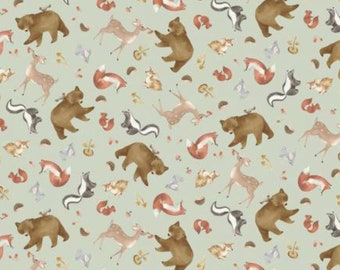 Woodland Animal Fabric, Woodland Animals Tossed on Sage by Timeless Treasure Quilting Cotton Fabric, Deer, Bear, Squirrel, Fox and Skunk