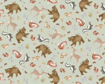 Woodland Animal Fabric, Woodland Animals Tossed on Sage by Timeless Treasure Quilting Cotton Fabric, Deer, Bear, Squirrel, Fox and Skunk