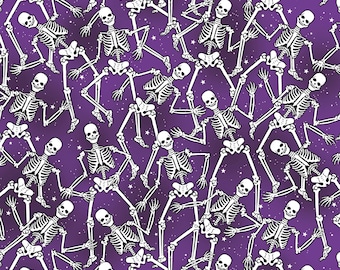 Glow Halloween Skeleton Fabric, Skeleton Crew on Purple Glow in the Dark Halloween Spirit by Benartex Quilting Cotton Fabric, 12542G-66B