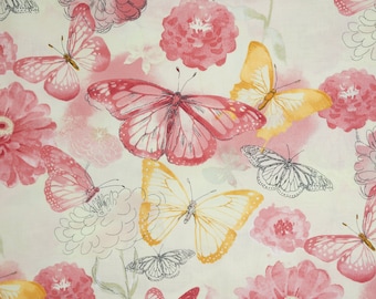 Red Yellow and Coral Watercolor Floral Butterfly Quilting Cotton Fabric