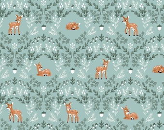 Deer Fabric, Wild Fawns Twilight Creatures on Songbird Green by Natàlia Juan Abelló for Riley Blake Quilting Cotton Fabric, C15361-SONGBIRD