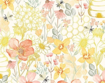 Honey Bee Fabric, Large Beehive Garden Floral Home Sweet Home by Timeless Treasures Quilting Cotton Fabric, Watercolor Floral Bees