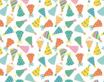 Happy Birthday Fabric, Party Hats on White by Camelot Quilting Cotton Fabric, Birthday Quilt, Who Invited the Llamas Collection