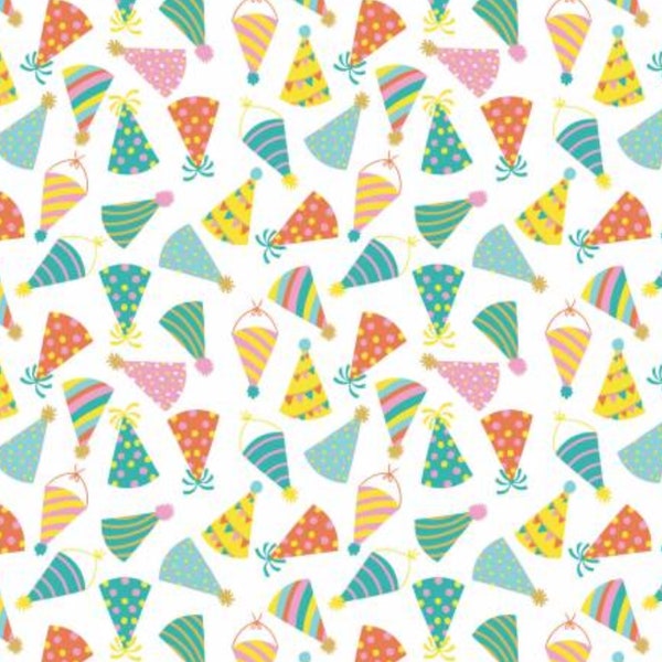 Happy Birthday Fabric, Party Hats on White by Camelot Quilting Cotton Fabric, Birthday Quilt, Who Invited the Llamas Collection