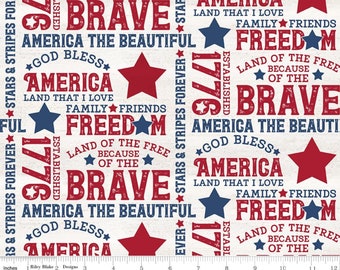 Patriotic Text America the Beautiful 4th of July Words on Off White by Riley Blake Quilting Cotton Fabric C10520-OFFWHITE