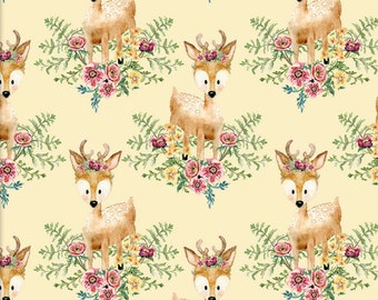Floral Deer Forest Friends Nursery Cotton Fabric, 3 Wishes Quilting Cotton Fabric, Woodland Theme Nursery Fabric, Forest Animal Nursery