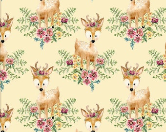 Floral Deer Forest Friends Nursery Cotton Fabric, 3 Wishes Quilting Cotton Fabric, Woodland Theme Nursery Fabric, Forest Animal Nursery