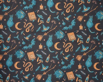 Witchy Halloween Fabric,  Cottage Halloween Mystic on Black Moonlight by Rachel Hauer for FreeSpirit Quilting Cotton Fabric, Witch Fabric