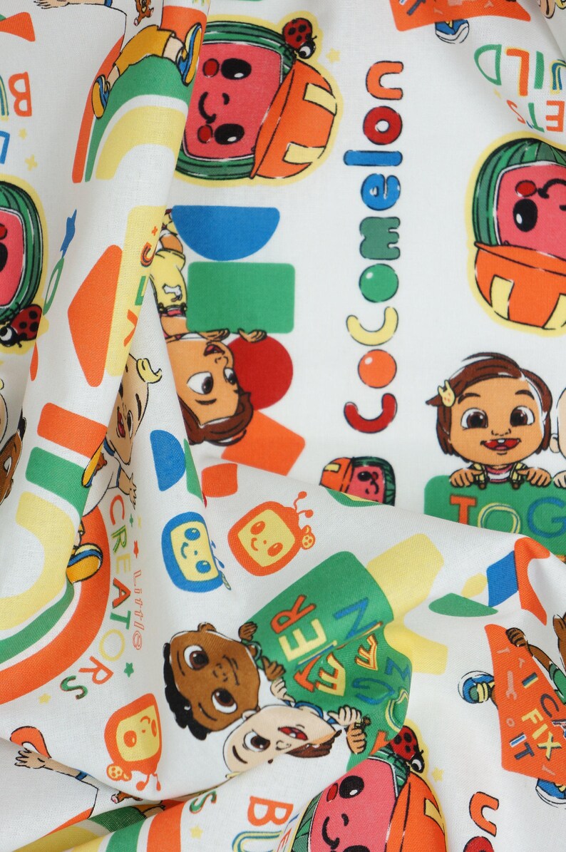 Cocomelon Fabric, Tossed Lets Build Kids on White Licensed by David Textiles Novelty Cotton Fabric, JJ Fabric, Cody and Nina Cocomelon image 5