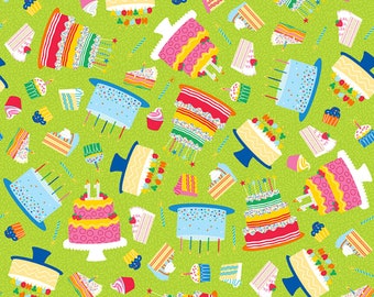 Birthday Cake Fabric, Tossed Birthday Cakes on Green This Calls for Cake Collection by Emily Dumas for Henry Glass Quilting Cotton Fabric