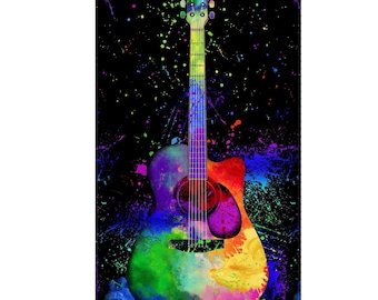 Rainbow Guitar Panel Fabric, Painted Guitar Panel 21"x43" by Timeless Treasures Quilting Cotton Fabric, Musical Instrument Fabric