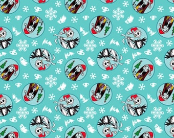 Nightmare Before Christmas Fabric, Snowflake Badge on Blue Disney Licensed by Springs Creative Novelty Cotton Fabric, Jack, Sally and Zero