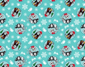 Nightmare Before Christmas Fabric, Snowflake Badge on Blue Disney Licensed by Springs Creative Novelty Cotton Fabric, Jack, Sally and Zero