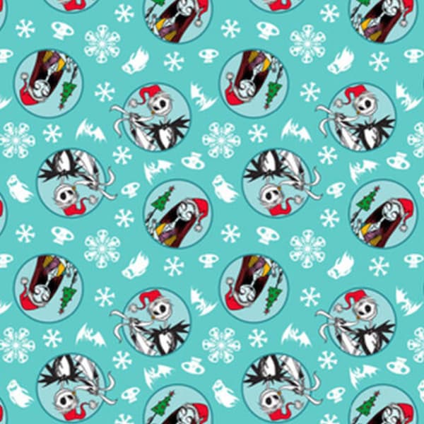 Nightmare Before Christmas Fabric, Snowflake Badge on Blue Disney Licensed by Springs Creative Novelty Cotton Fabric, Jack, Sally and Zero
