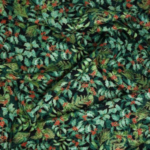 Holly Fabric, Holly and Berries on Black with Gold Metallic Accents Christmas Musical by Benartex Quilting Cotton Fabric 14028M-07B 画像 6