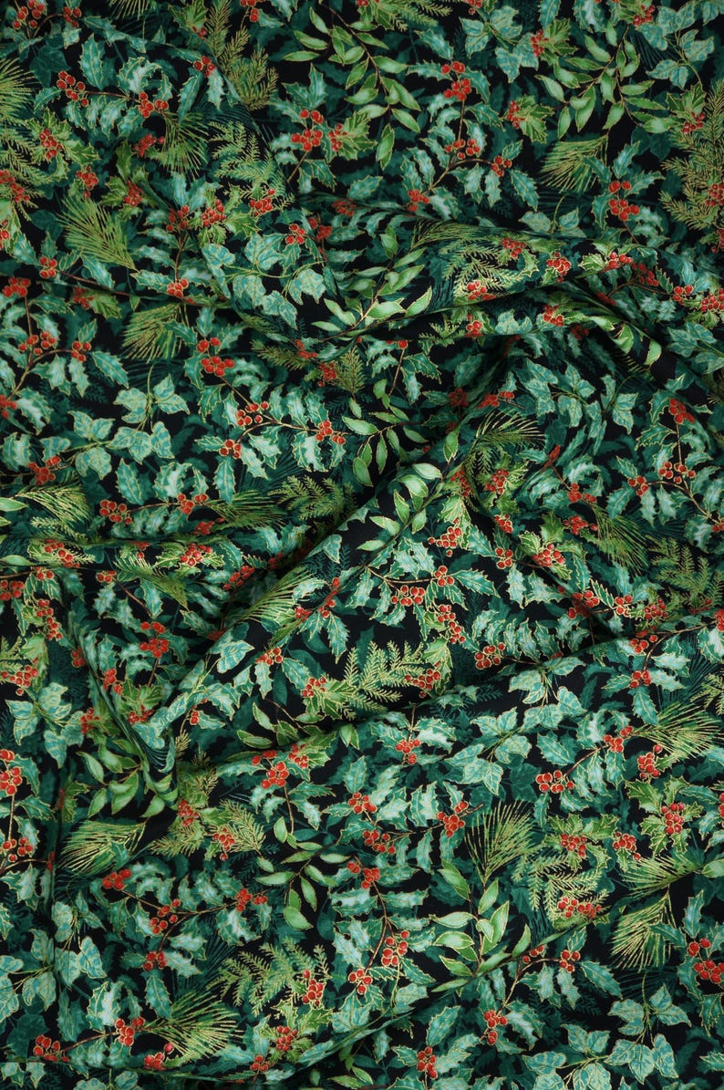 Holly Fabric, Holly and Berries on Black with Gold Metallic Accents Christmas Musical by Benartex Quilting Cotton Fabric 14028M-07B 画像 6