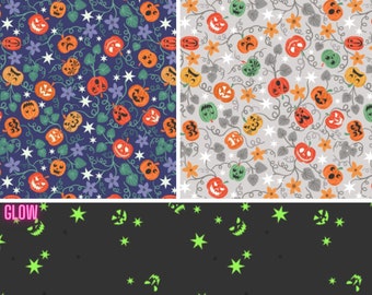 Glow in the Dark Halloween Pumpkins  Blue or Light Gray by Lewis & Irene Quilting Cotton Fabric