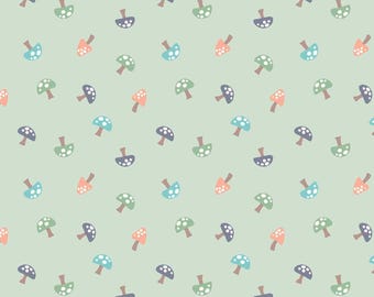 Mushroom Flannel Fabric, Forest Mushrooms Tossed on Sage Cozy Forest by Kanvas Studio for Benartex Comfort Flannel Fabric, Nursery Flannel