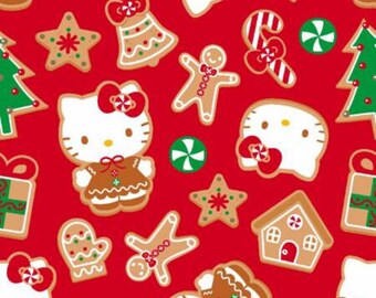 Hello Kitty Christmas Fabric, Hello Kitty Gingerbread Cookies on Red Licensed by Sanrio for Springs Creative Novelty Cotton Fabric