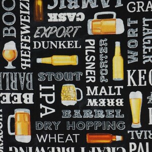 May include: A black fabric featuring a repeating pattern of beer-related illustrations and text. The print includes various beer bottles, mugs, and glasses filled with golden liquid, alongside words like Pilsner, Lambic, Dunkel, Stout, and IPA.