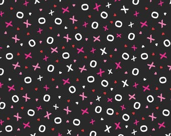 Valentine Fabric, XOs on Black Love You Fur-Ever by Greta Lynn for Benartex Kanvas Quilting Cotton Fabric 14263-12