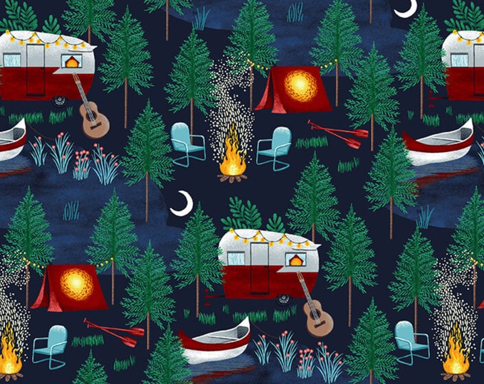 Camping Fabric, Beneath the Stars Camping Scenic by Grace Popp Studio E